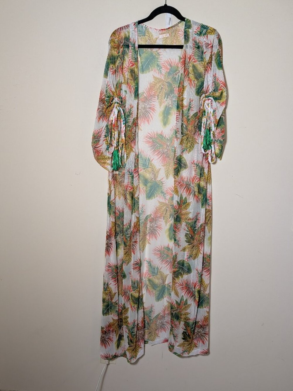 Cenia Swim Resortwear Kimono Mesh Maxi Beach Cover Tropical Print S/M White